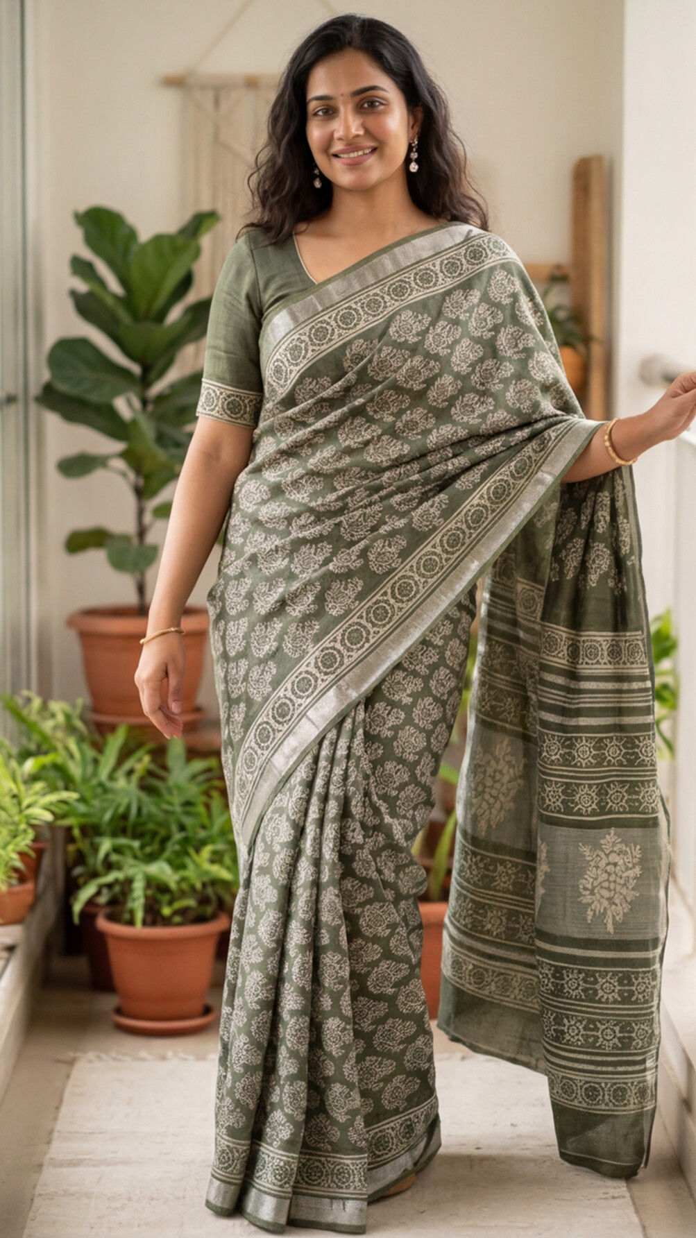 Linen Cotton Saree - Green - LCEQ009