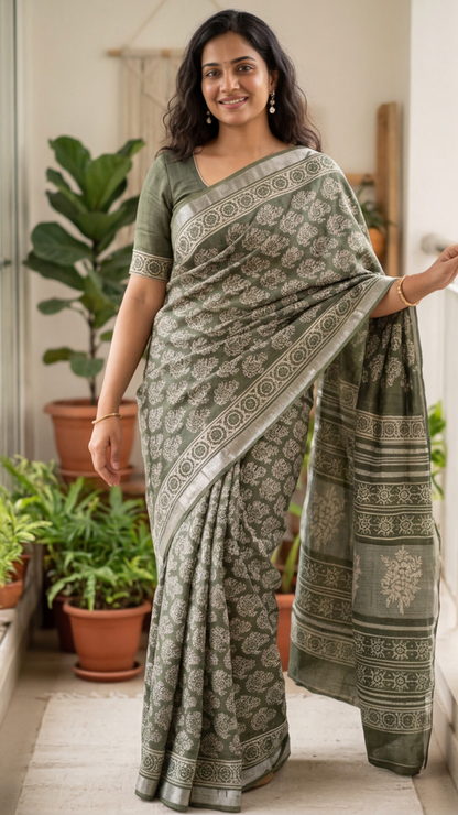 Linen Cotton Saree - Green - LCEQ009