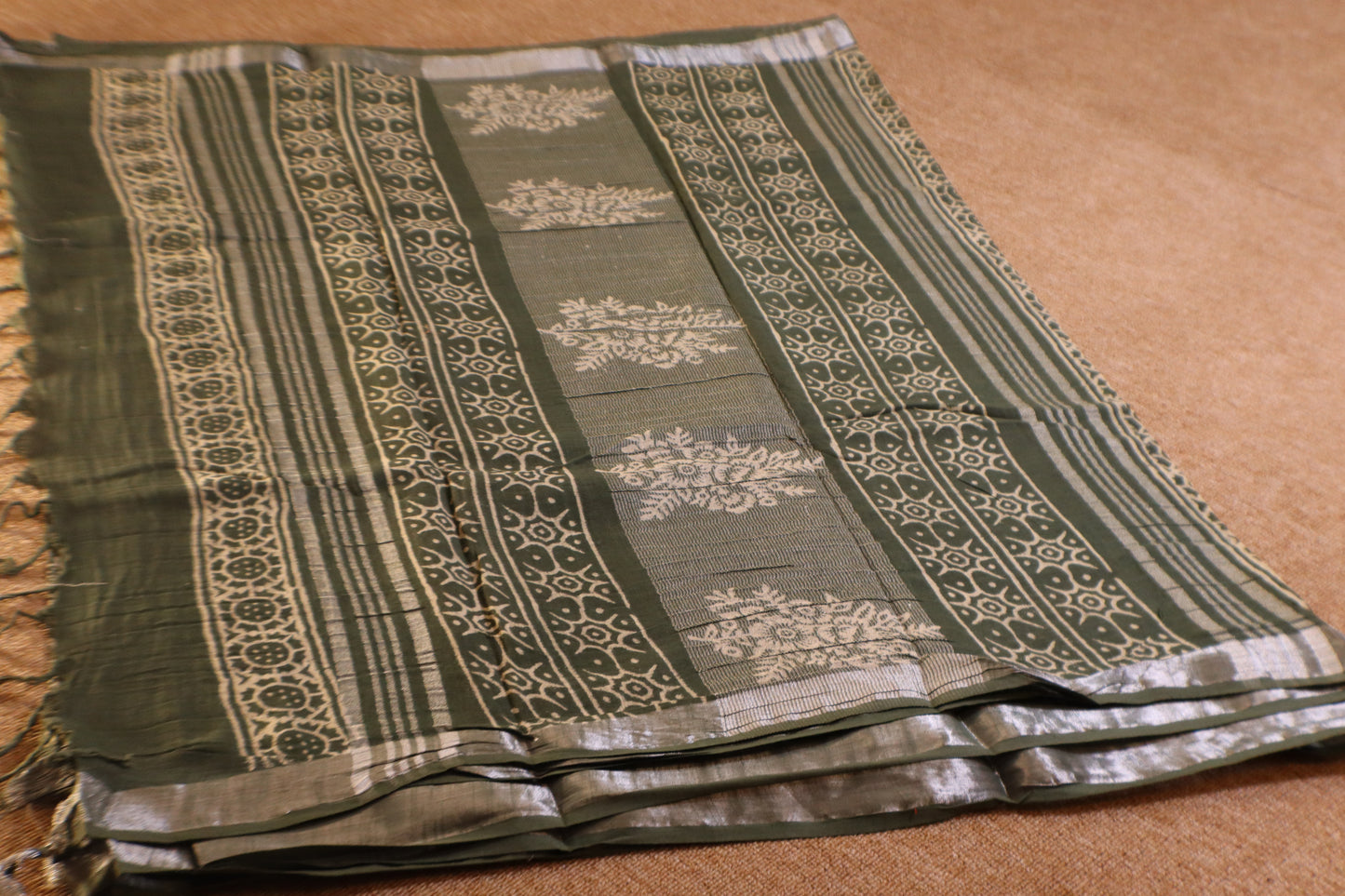 Linen Cotton Saree - Green - LCEQ009