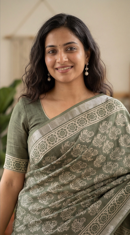 Linen Cotton Saree - Green - LCEQ009