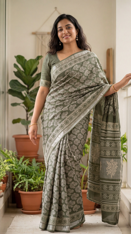 Linen Cotton Saree - Green