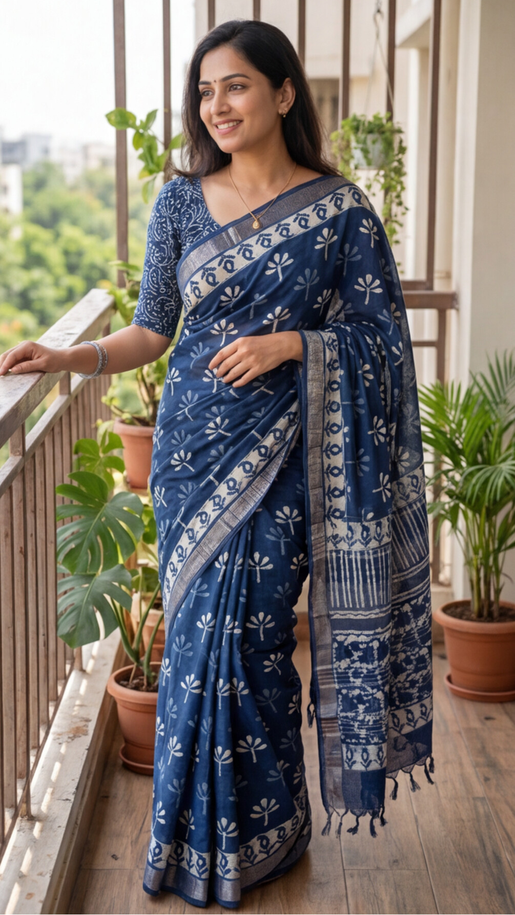 Linen Cotton Saree - Indigo Floral - LCEQ013