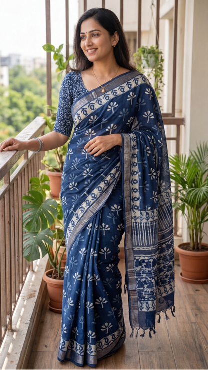 Linen Cotton Saree - Indigo Floral - LCEQ013