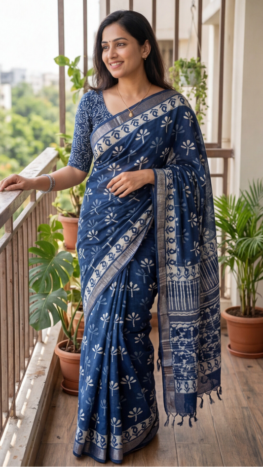 Linen Cotton Saree - Indigo Floral