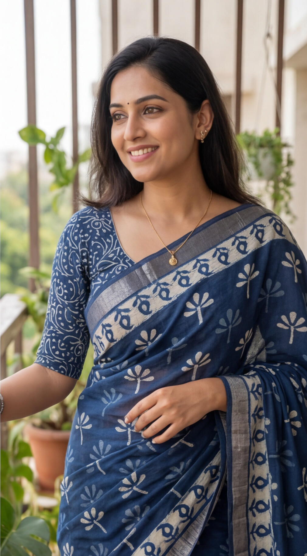 Linen Cotton Saree - Indigo Floral - LCEQ013