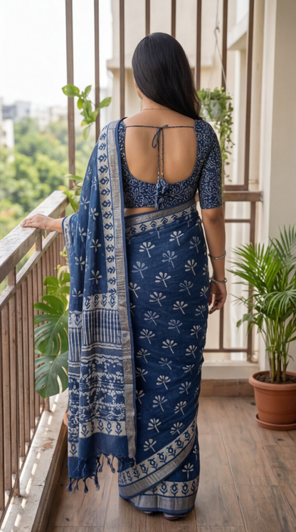 Linen Cotton Saree - Indigo Floral - LCEQ013