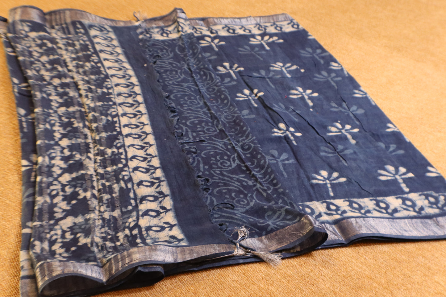 Linen Cotton Saree - Indigo Floral - LCEQ013