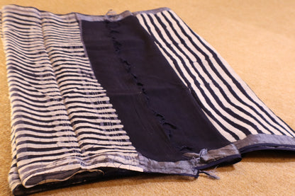 Linen Cotton Saree - Indigo Stripes - LCEQ002