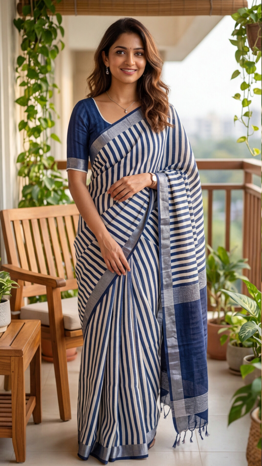 Linen Cotton Saree - Indigo Stripes