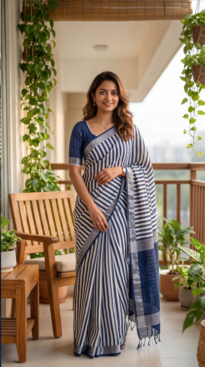 Linen Cotton Saree - Indigo Stripes - LCEQ002