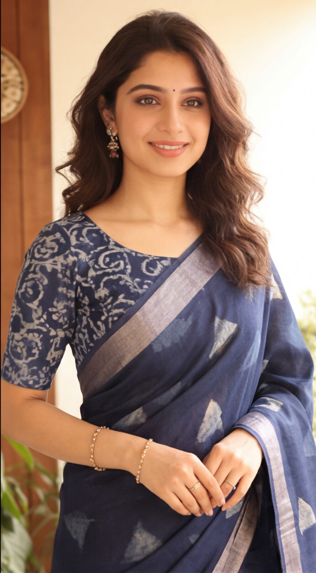 Linen Cotton Saree - Indigo Triangle Blocks - LCEQ014