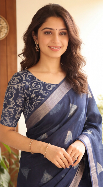 Linen Cotton Saree - Indigo Triangle Blocks - LCEQ014