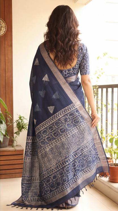 Linen Cotton Saree - Indigo Triangle Blocks - LCEQ014