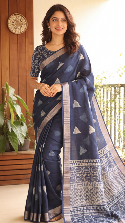 Linen Cotton Saree - Indigo Triangle Blocks
