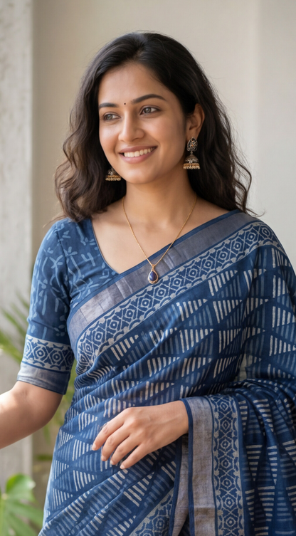 Linen Cotton Saree - Indigo Triangle Stripes - LCEQ011