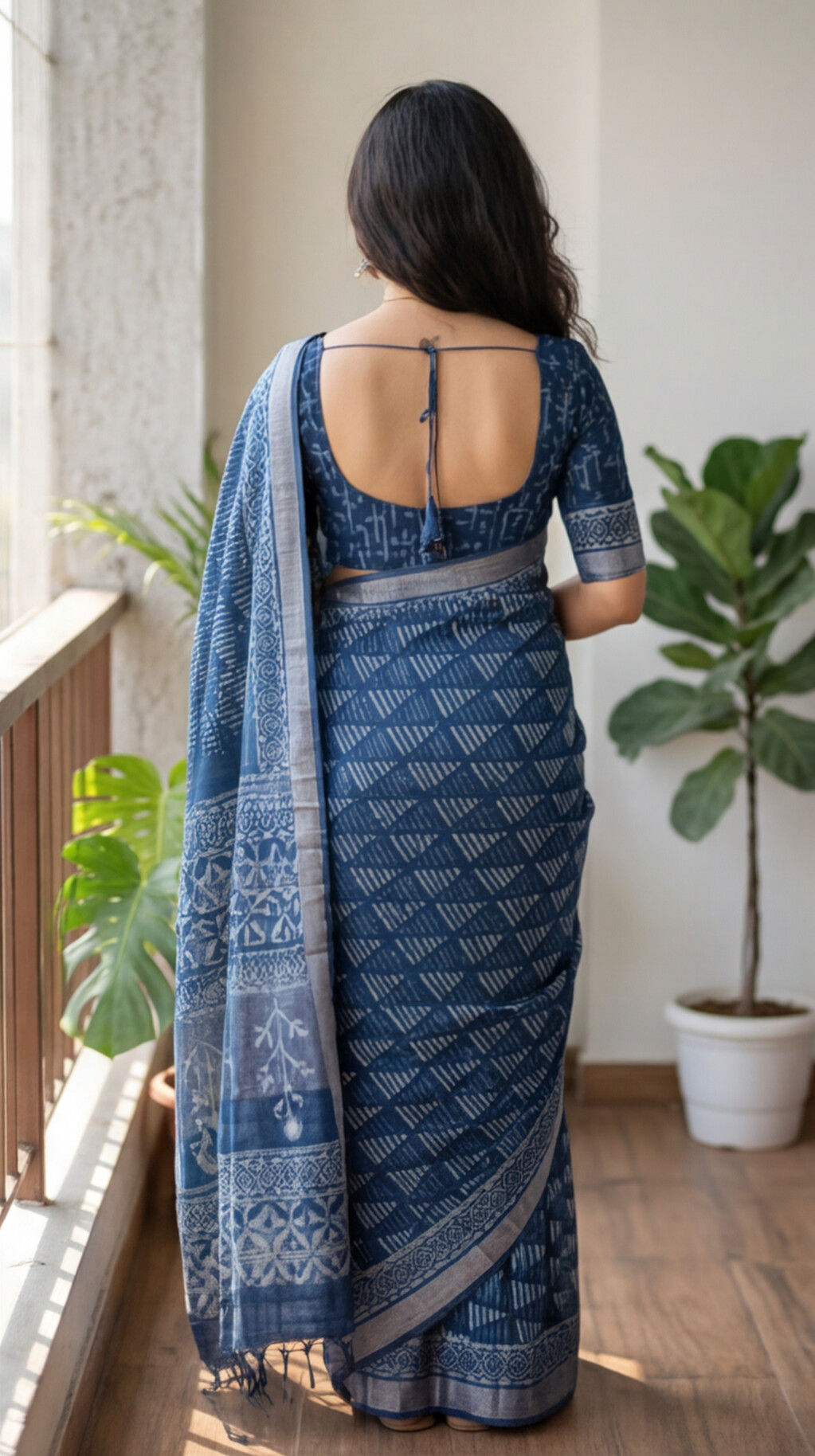 Linen Cotton Saree - Indigo Triangle Stripes - LCEQ011