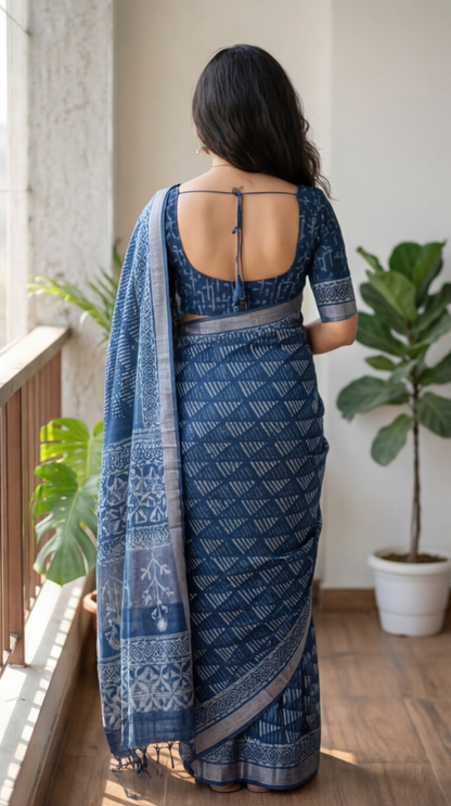 Linen Cotton Saree - Indigo Triangle Stripes - LCEQ011