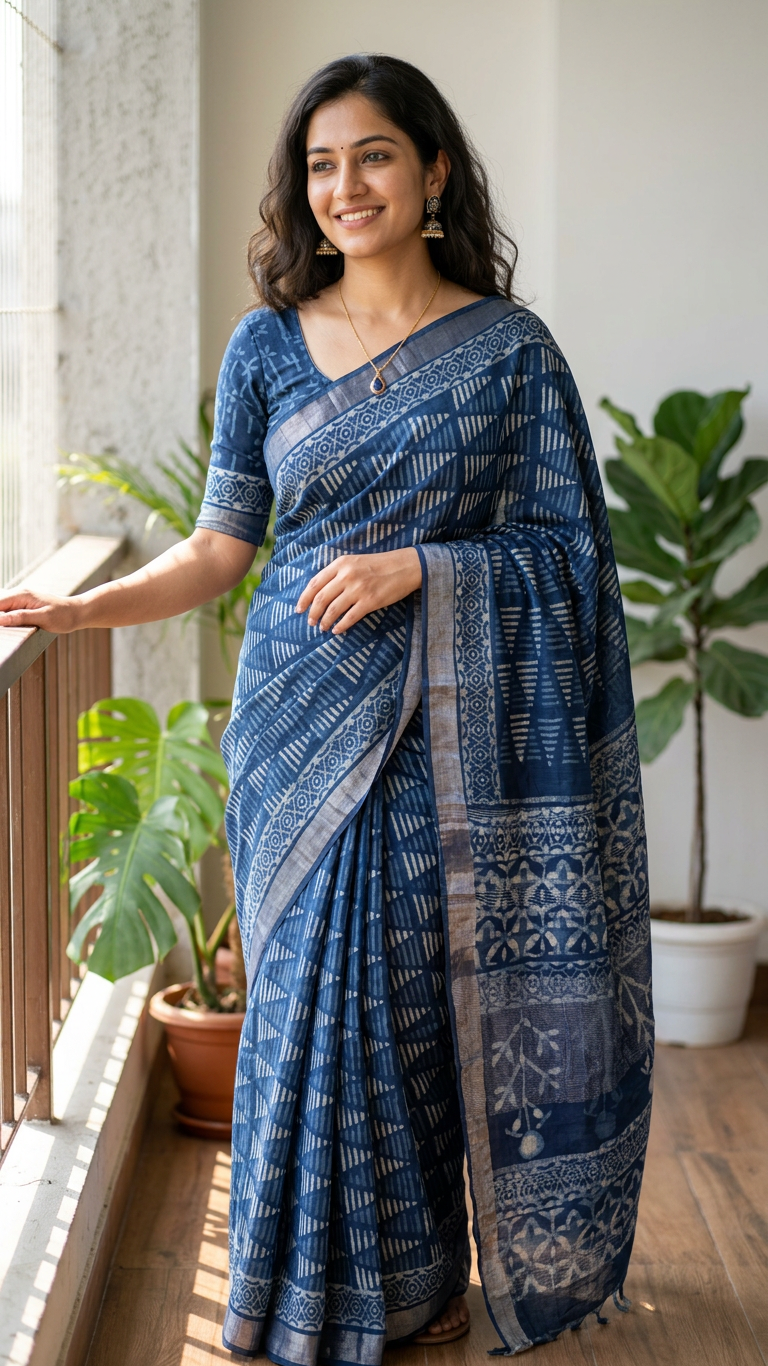 Linen Cotton Saree - Indigo Triangle Stripes - LCEQ011