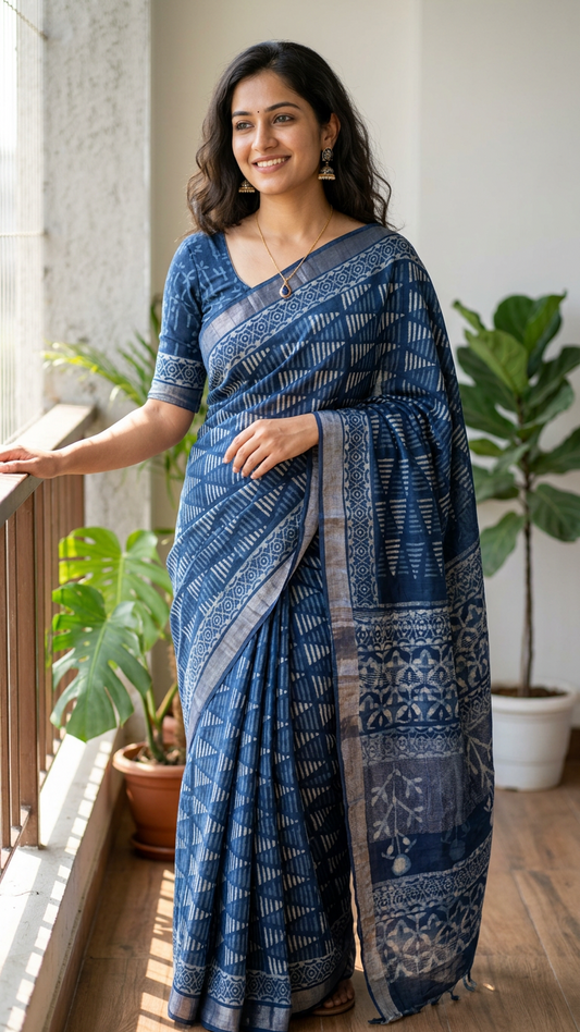 Linen Cotton Saree - Indigo Triangle Stripes