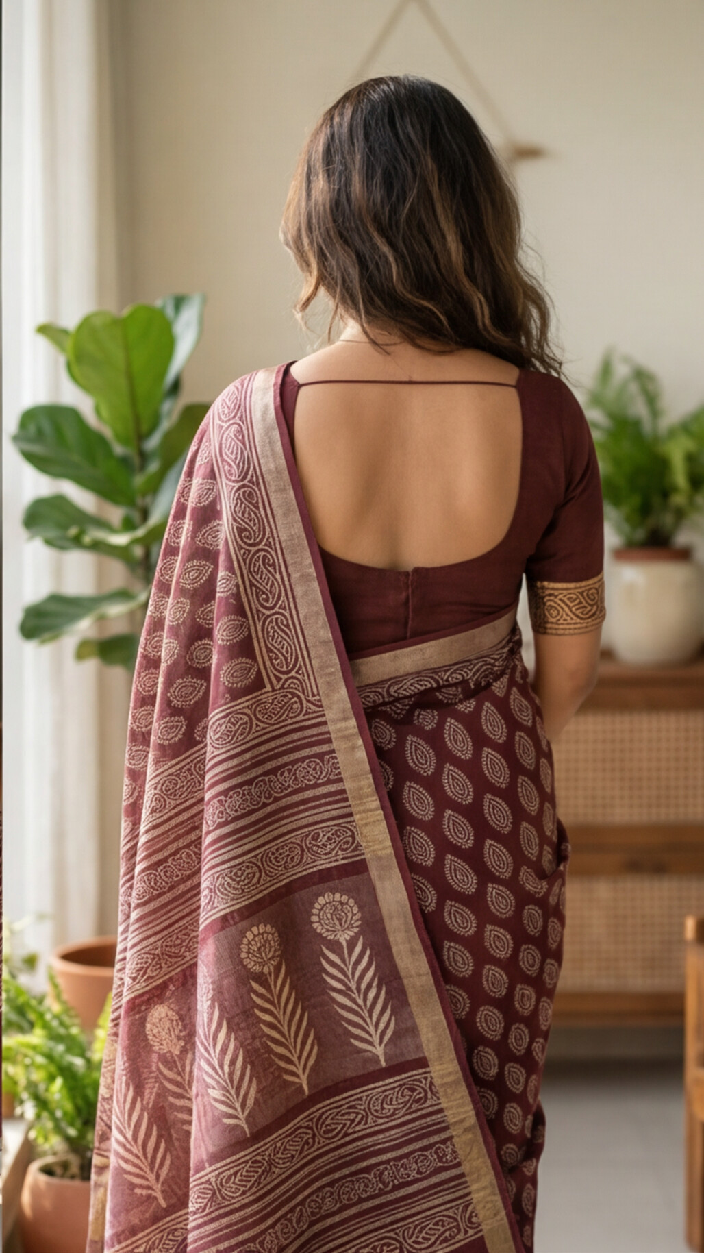 Linen Cotton Saree - Maroon