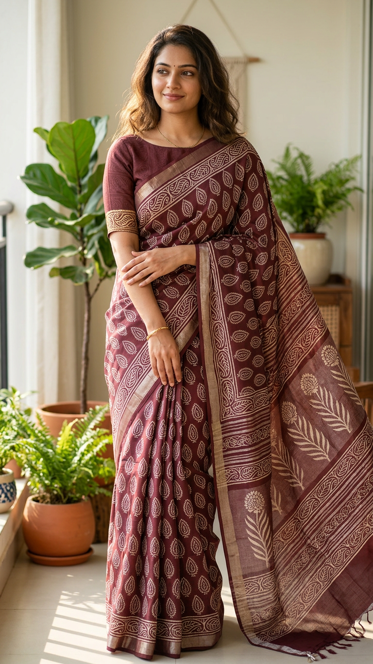 Linen Cotton Saree - Maroon