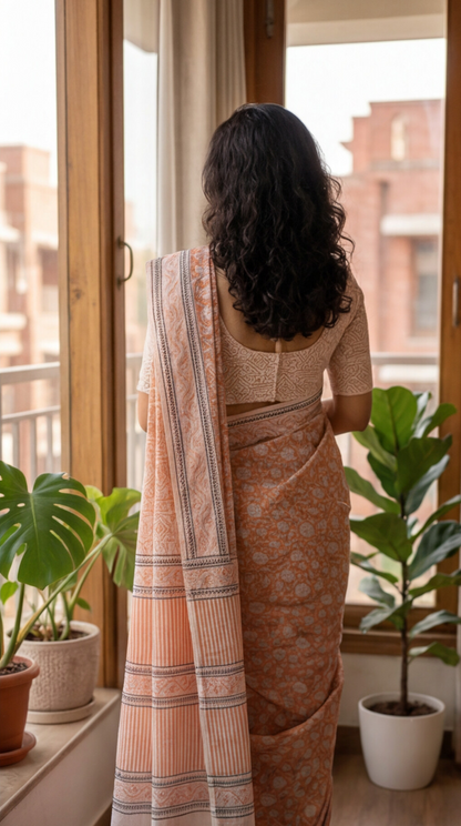 Linen Cotton Saree - Peach - LCEQ010