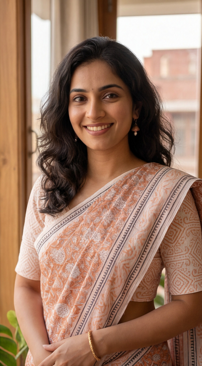 Linen Cotton Saree - Peach - LCEQ010