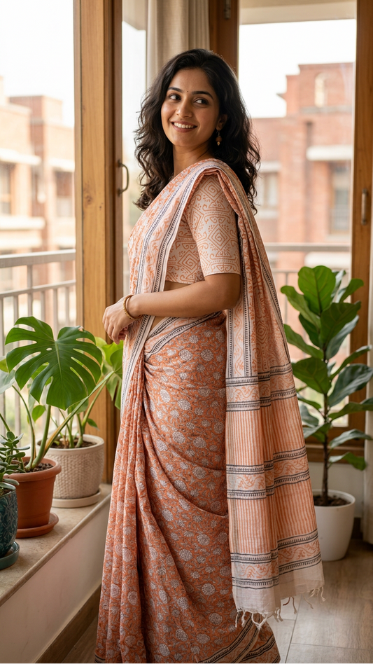 Linen Cotton Saree - Peach