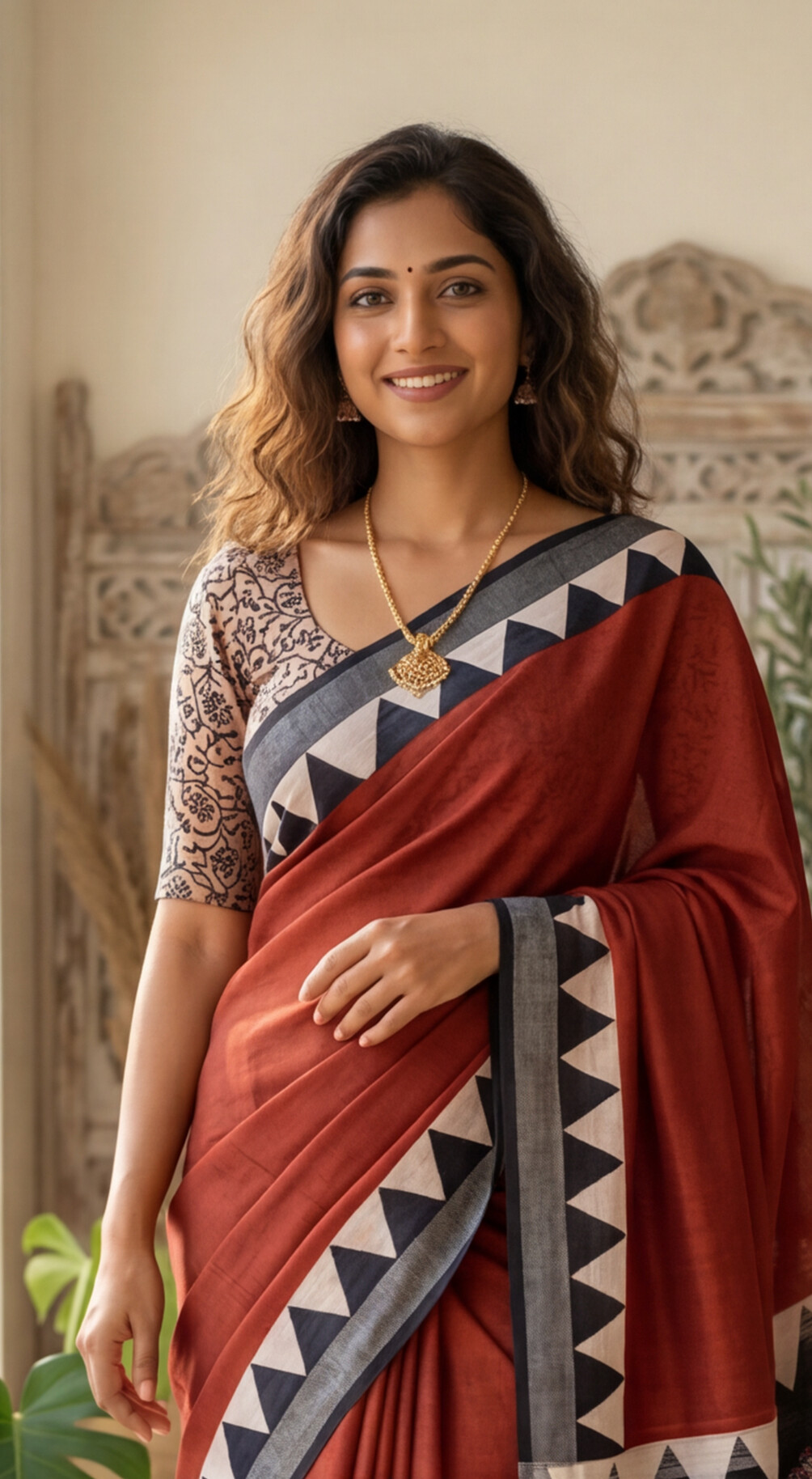 Linen Cotton Saree - Rust Red, Black and Ivory with Contemporary Geometric Design