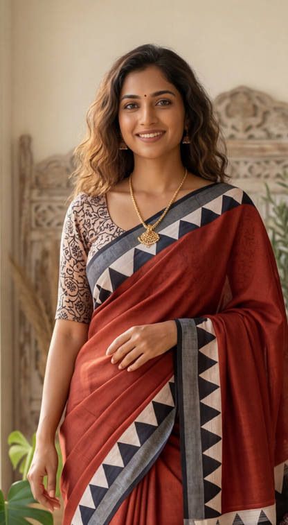 Linen Cotton Saree - Rust Red, Black and Ivory with Contemporary Geometric Design