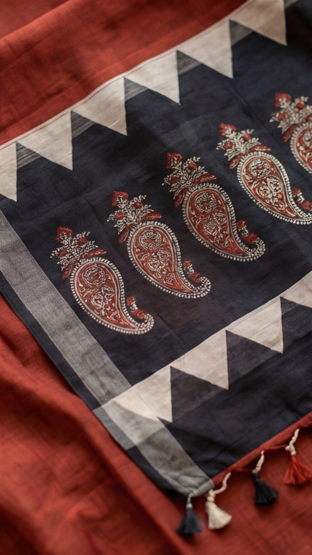 Linen Cotton Saree - Rust Red, Black and Ivory with Contemporary Geometric Design