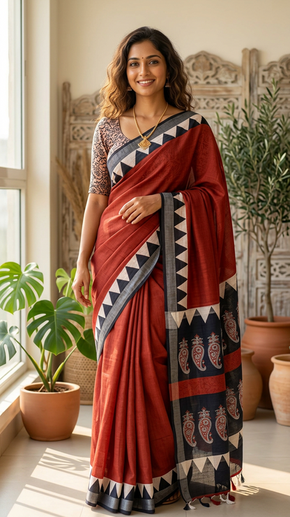 Linen Cotton Saree - Rust Red, Black and Ivory with Contemporary Geometric Design