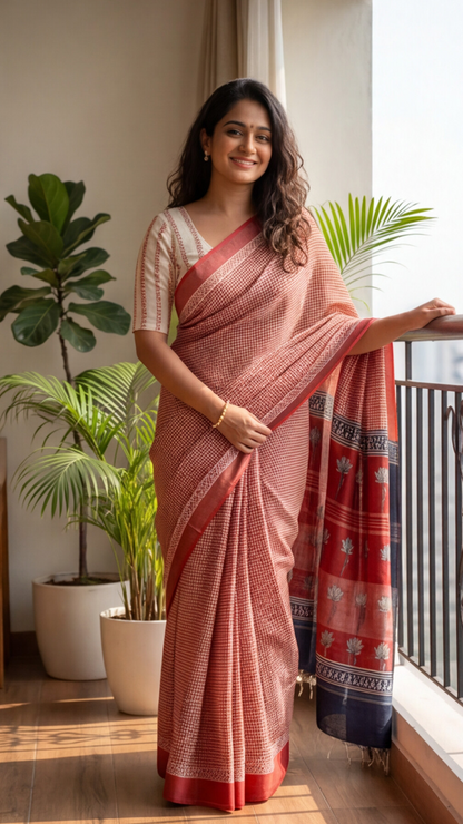 Linen Cotton Saree - Red Checks