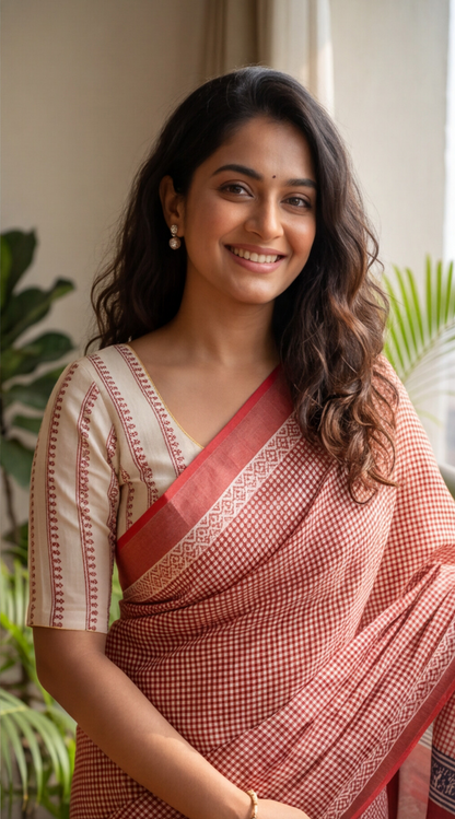 Linen Cotton Saree - Red Checks