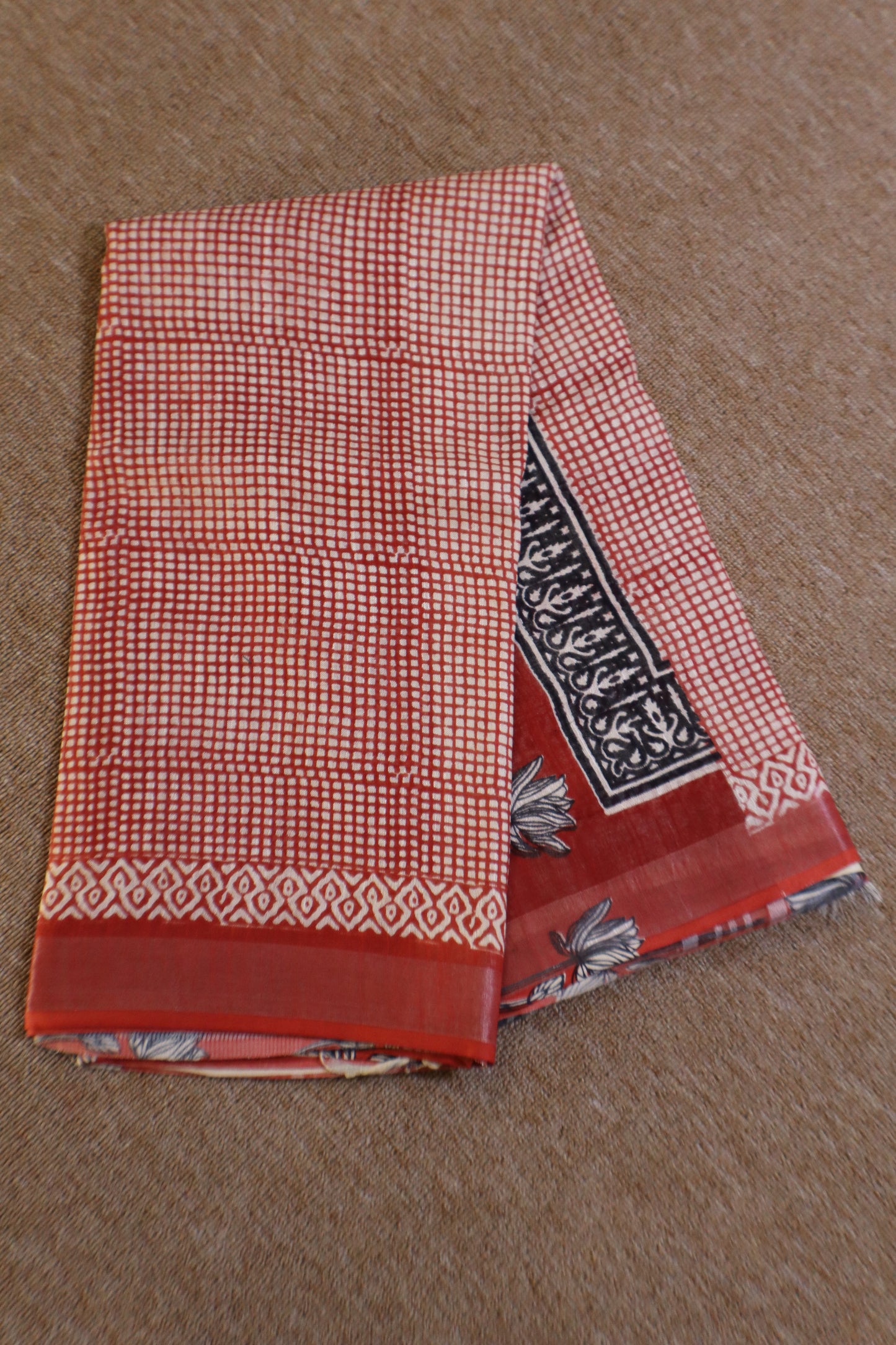 Linen Cotton Saree - Red Checks