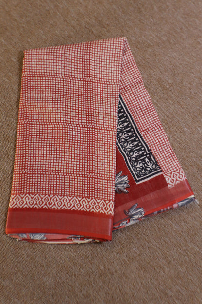 Linen Cotton Saree - Red Checks