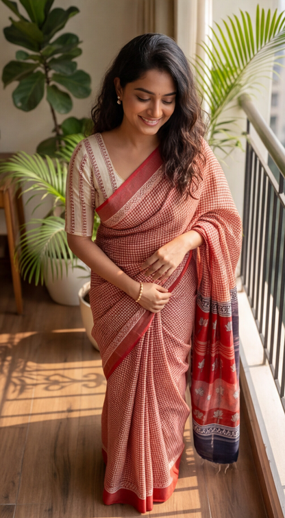Linen Cotton Saree - Red Checks