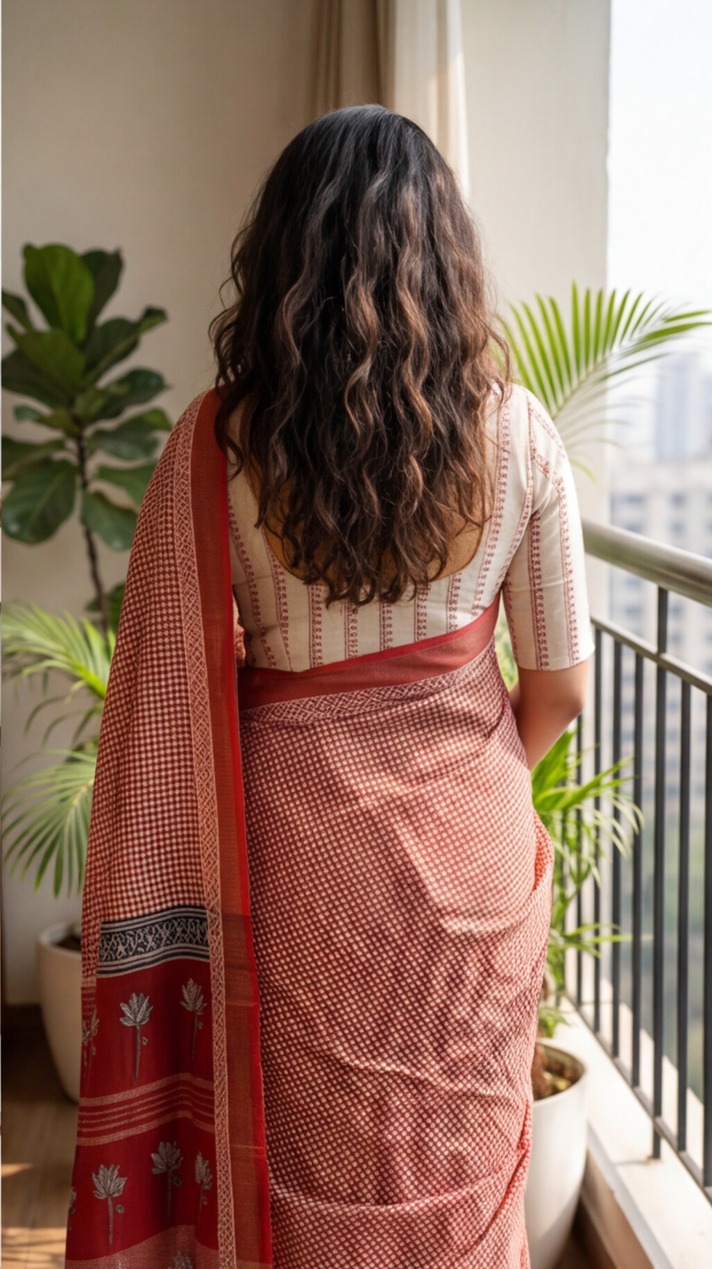 Linen Cotton Saree - Red Checks