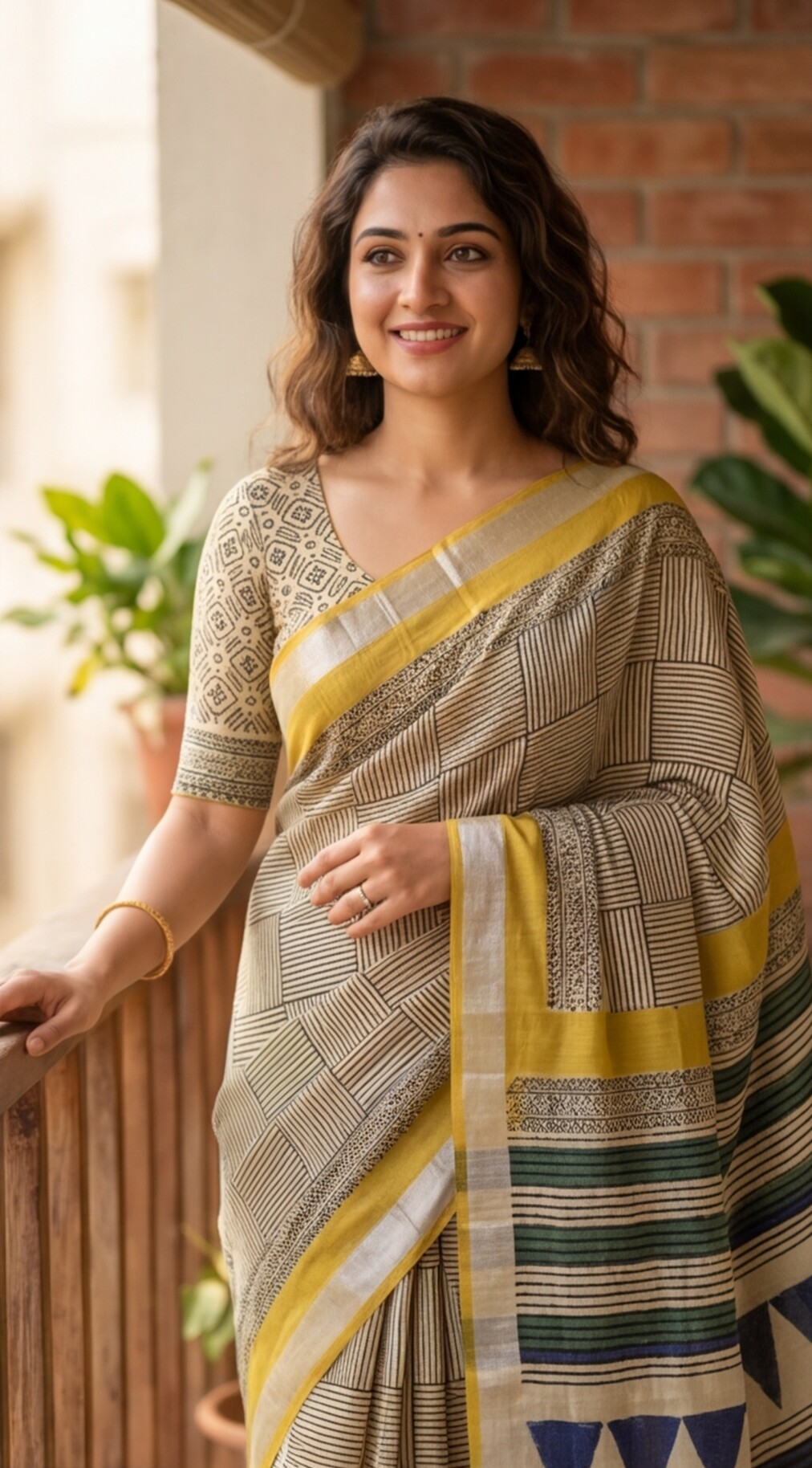 Linen Cotton Saree - Square Stripes with Yellow Border - LCEQ015