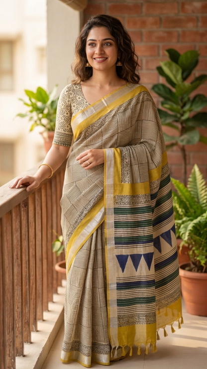 Linen Cotton Saree - Square Stripes with Yellow Border - LCEQ015