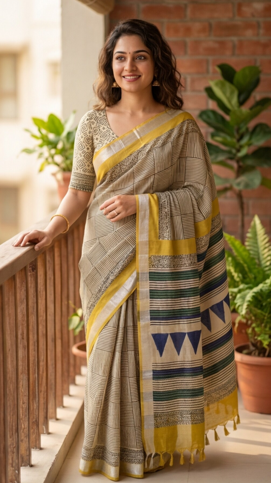 Linen Cotton Saree - Square Stripes with Yellow Border