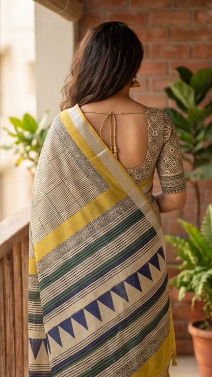 Linen Cotton Saree - Square Stripes with Yellow Border - LCEQ015