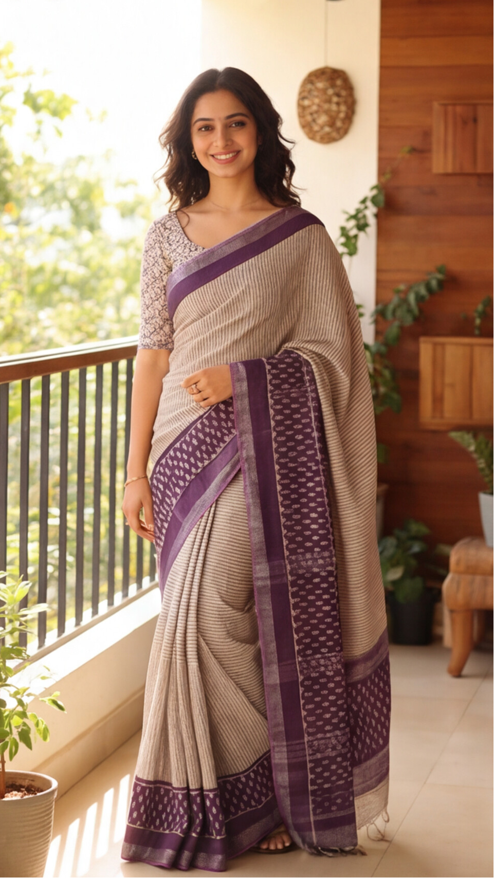 Linen Cotton Saree - Stripes with Lavender Border - LCEQ012
