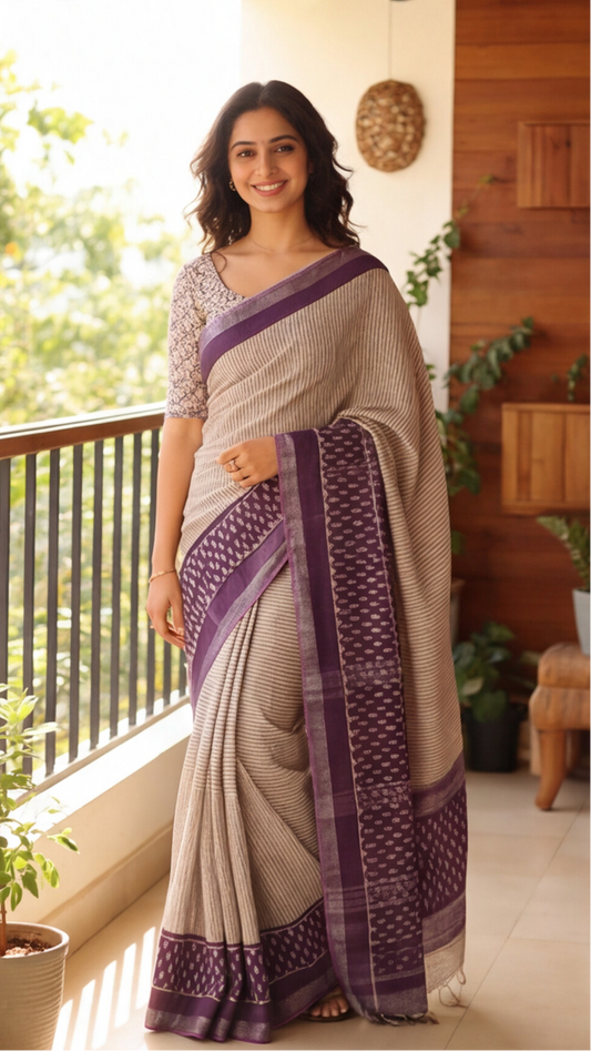 Linen Cotton Saree - Stripes with Lavender Border