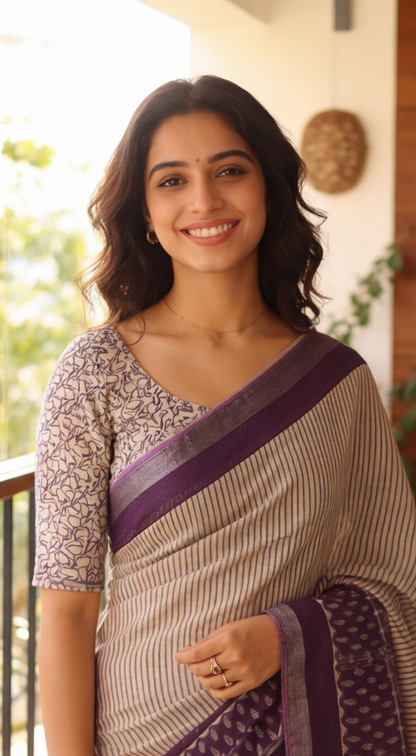 Linen Cotton Saree - Stripes with Lavender Border - LCEQ012