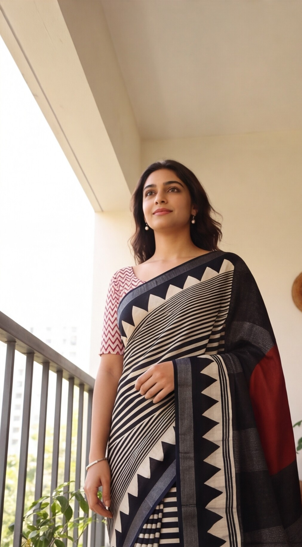 Linen Cotton Saree - White and Black Stripes - LCEQ005
