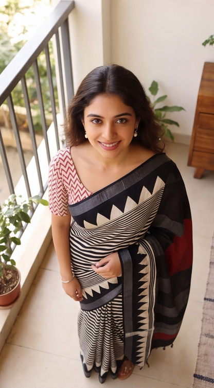 Linen Cotton Saree - White and Black Stripes - LCEQ005