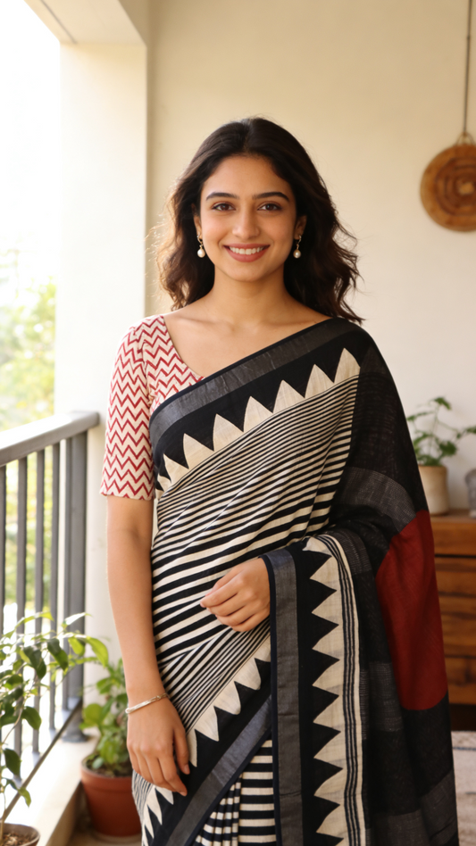 Linen Cotton Saree - White and Black Stripes
