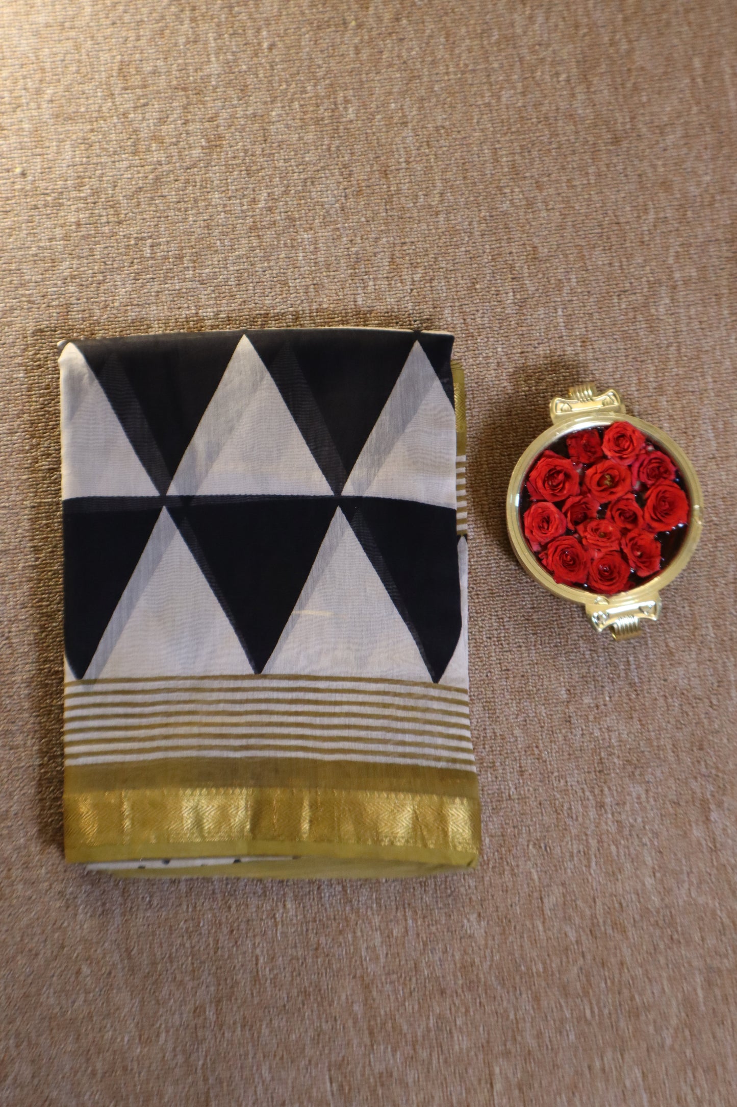 Maheshwari Silk Saree - Ivory with Black and Mustard Border
