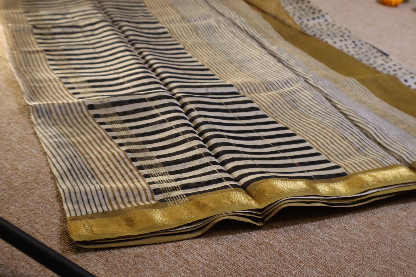 Maheshwari Silk Saree - Ivory with Black and Mustard Border